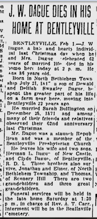 Jacob Wesley Dague obit